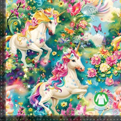 Jersey print med farverige enhjørninger digitalprint jersey stof 220 g/m²