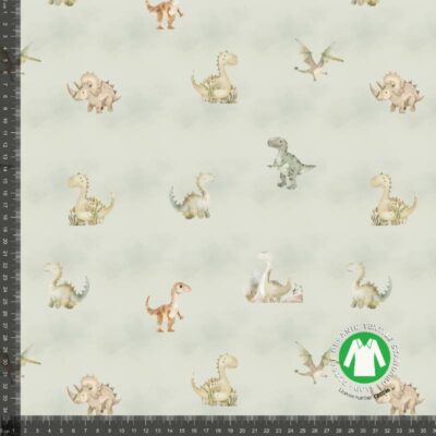 Jersey print med søde dinoer dusty mint digitalprint jersey stof 220 g/m²