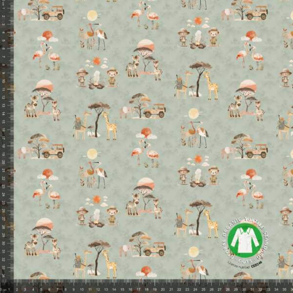 Safariteemainen jerseyprintti dusty mint 220 g/m²