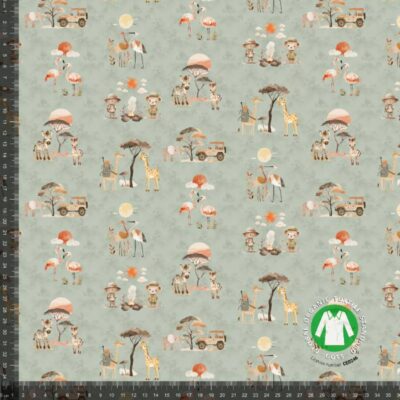 Safariteemainen jerseyprintti dusty mint 220 g/m²