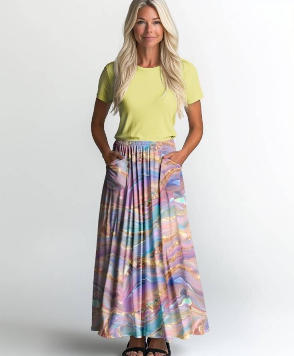 Detail of hologram pastel abstract printed jersey fabric, 160 cm wide