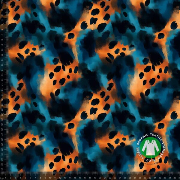 Jerseyprintti teal dots -kuosilla digiprinttinä puuvilla/lycra-pohjalla