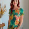 Jersey fabric with exotic leaves print, multicolour