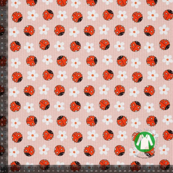 Rib jersey print med mariehøns i 240 g/m² og 35-45 cm bredde (rundstrikket)