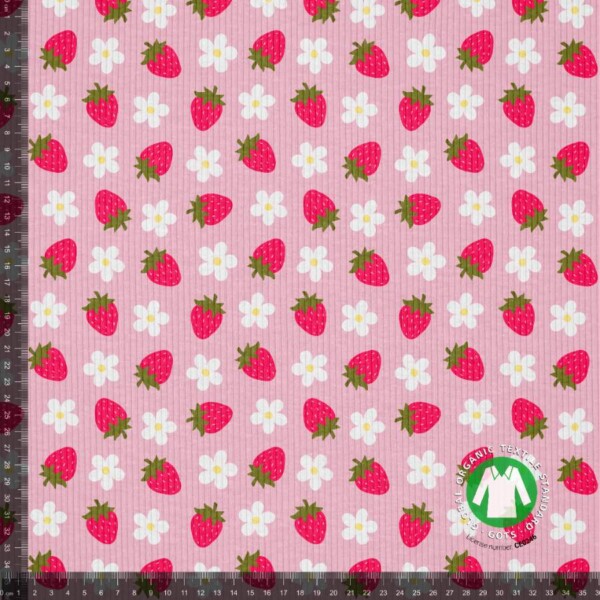 Rib jersey print med jordbær digitalprint 240 g/m² 35-45 cm rundstrikket, GOTS