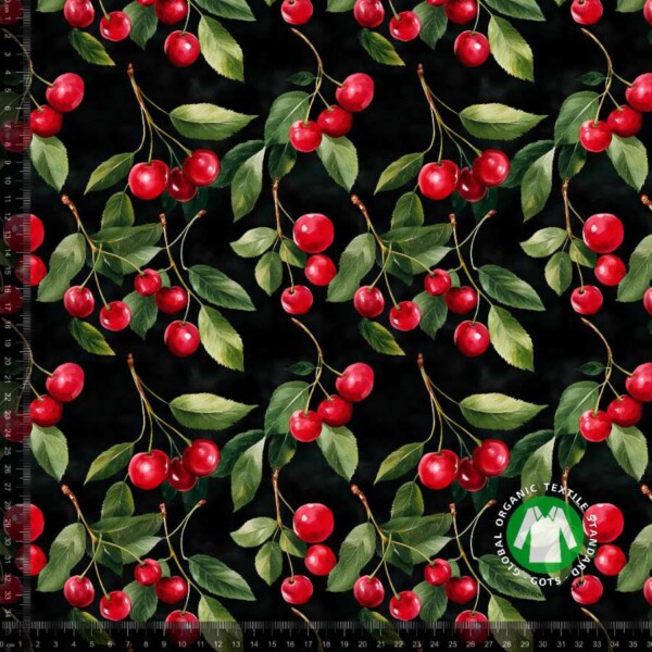 Jersey print kirsebær sort digitalprint jersey stof 220 g/m² 160 cm