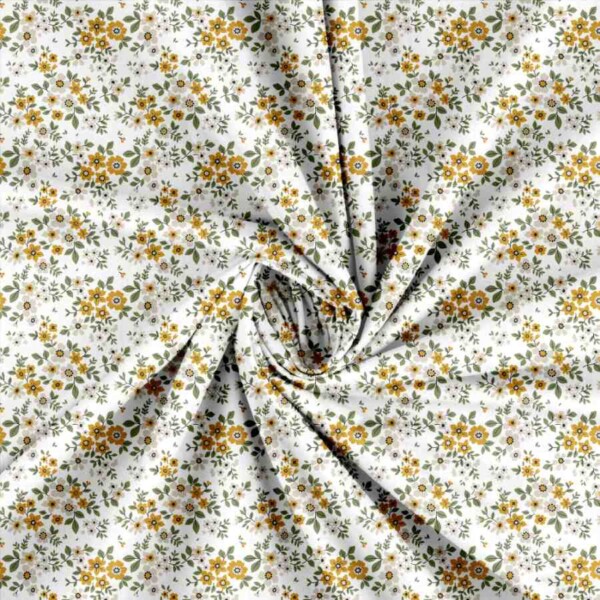 Patchwork stof med flotte blomster i gul, 100% bomuld, 145 g/m² og 150 cm bred