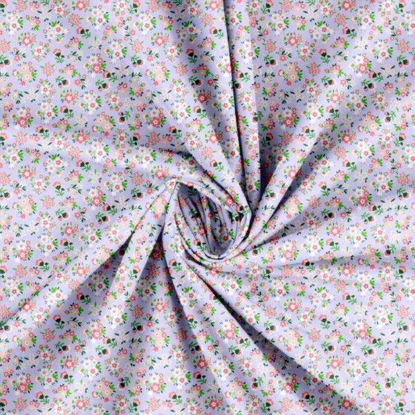 Patchwork stof med små blomster i lilla, 100% bomuld 145 g/m²