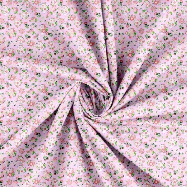 Patchwork stof med små blomster i lyserød, 100% bomuld 145 g/m²