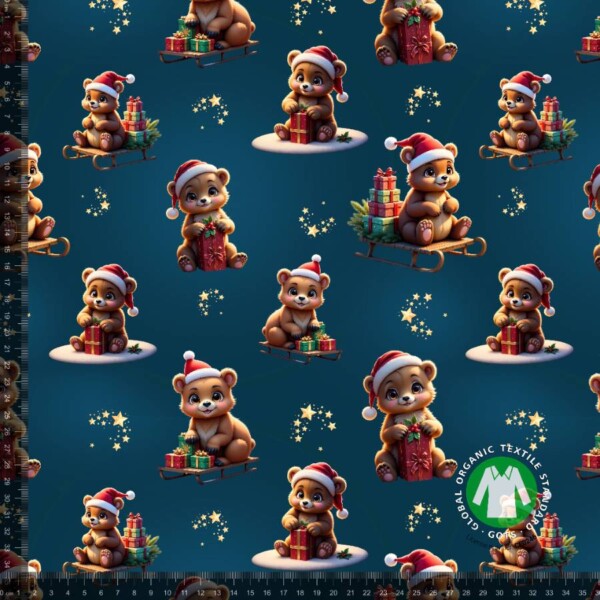 Jersey print med søde julebjørne mørk petrol digitalprint 220 g/m²