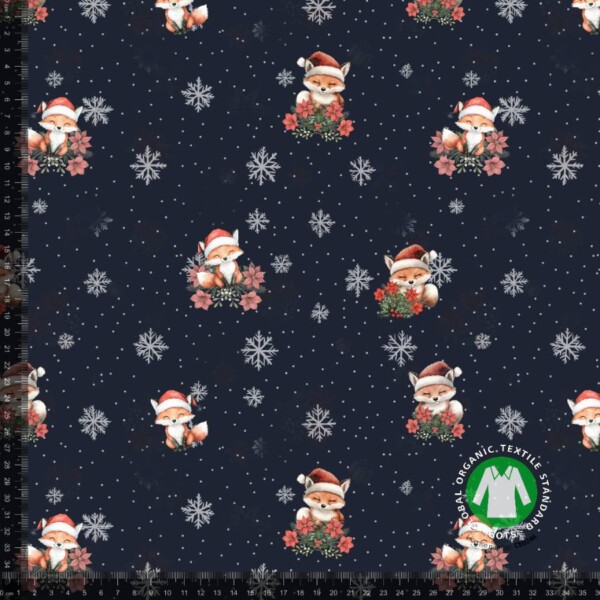 French terry print with Christmas foxes navy 235 g/m² Oeko-Tex