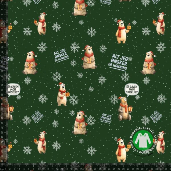 FUNNY BEARS WITH SNOW (GREEN)_with_rulers French Terry med sjove jule bjørne - grøn