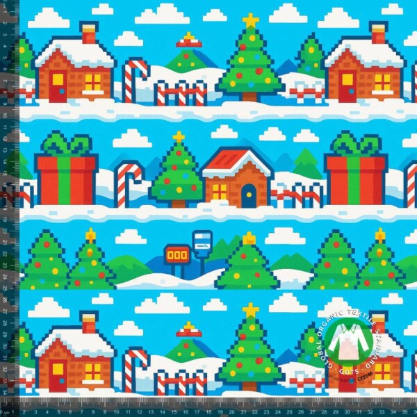 PIXEL LANDSCAPE V2_with_rulers French Terry with Christmas pixel landscape