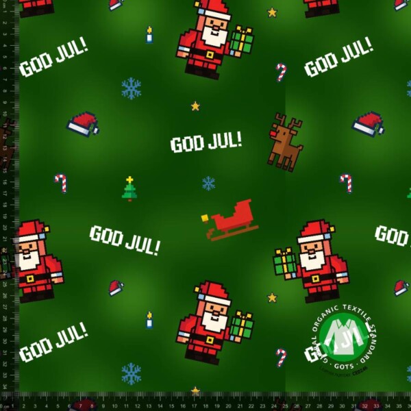 French Terry med "GOD JUL" print i grøn, 235 g/m²