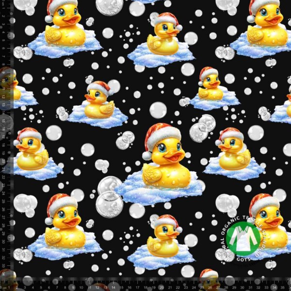Jersey print med rubber ducks og nissehuer - sort, digitalprint jersey stof 220 g/m²