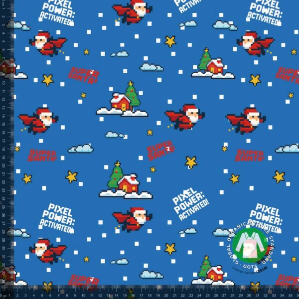 French Terry med flying Santa print i blå, 235 g/m²