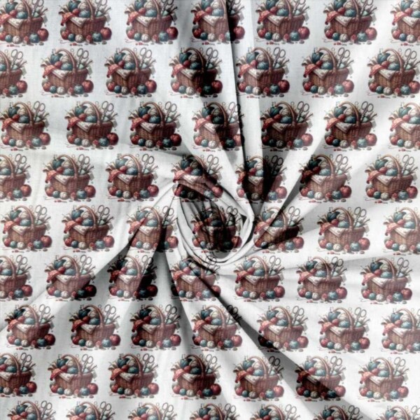 Detalje af tæt vævet patchwork-bomuld med garnmotiv – 145 g/m²