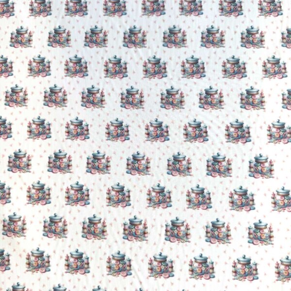 Patchwork stof - Knapper i krukke i 100% bomuld, 145 g/m², 150 cm bred