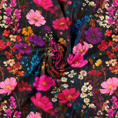 Pink Garden floral print on cotton jersey with lycra, 160 cm wide