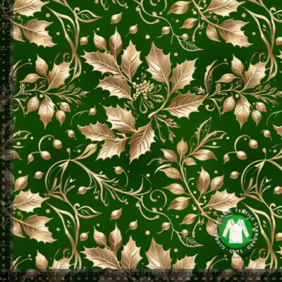 Jersey print with holly in gold - Christmas green