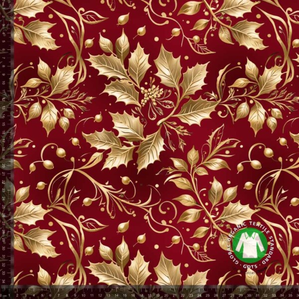 Jersey print med kristtjørne i guld - julerød, digitalprint jersey 220 g/m²