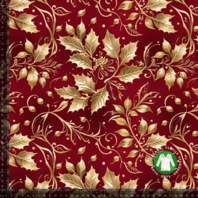 Jersey print with holly in gold - Christmas red