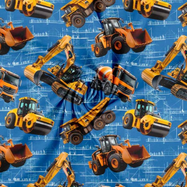 Grave maskiner motiv på blå bomuldsjersey med lycra 160 cm bred