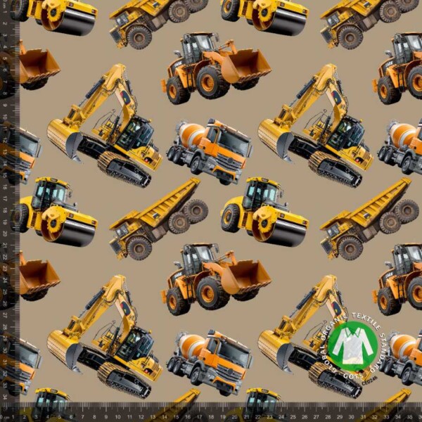 Construction_theme_V9 - measurement Jersey print med seje grave maskiner - taupe, digitalprint jersey 220 g/m²