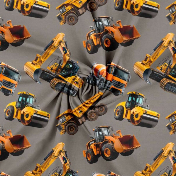 Construction machines print on cotton jersey with lycra 160 cm wide