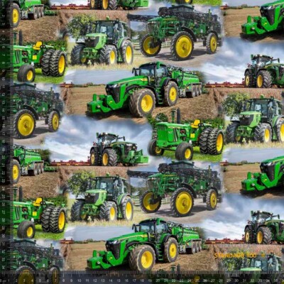 French Terry print with green tractors 1