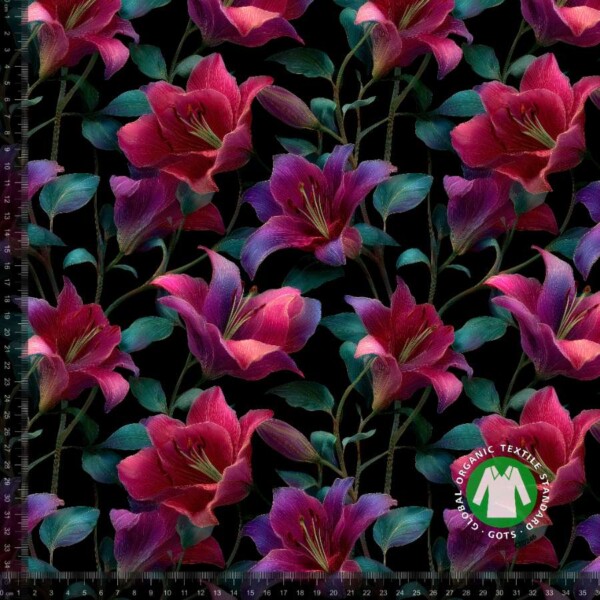 Unelma lillies_with_rulers_rulers Jersey-painatus punaisilla ja violeteilla liljoilla, digiprintti valkoisella pohjalla