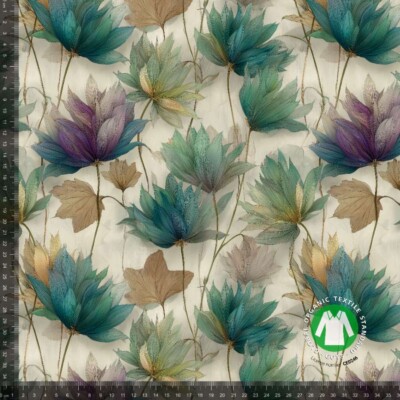 Jersey Print - Green, blue and purple Dahlias