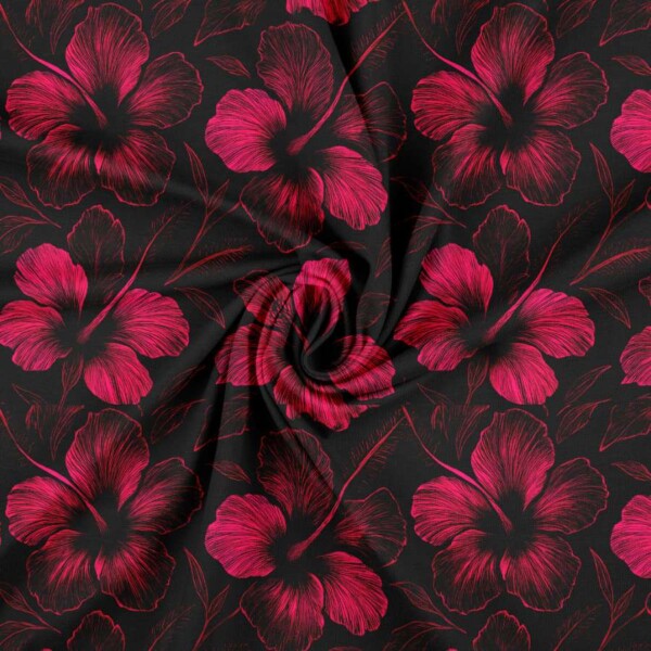 Pink Hibiscus floral print on cotton jersey with lycra, 160 cm wide