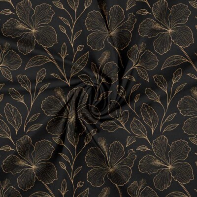 Detalje af digitalprint jersey med hibiscus omrids