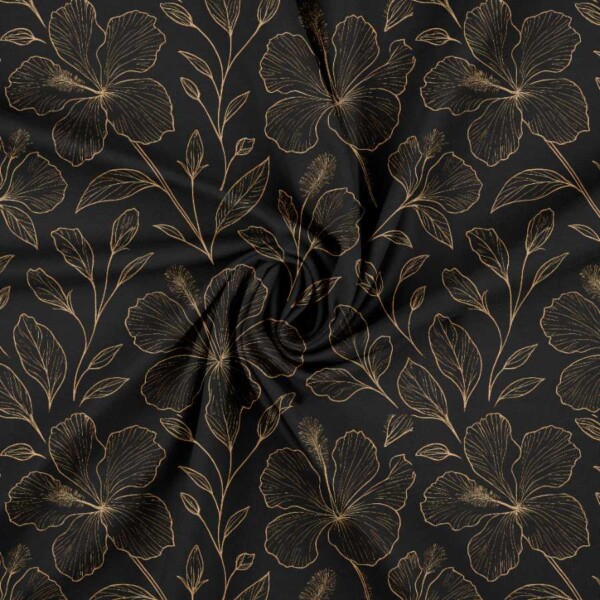 Detalje af digitalprint jersey med hibiscus omrids