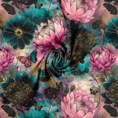 Jersey Print - Sommerfugle og blomster i blå og lyserød