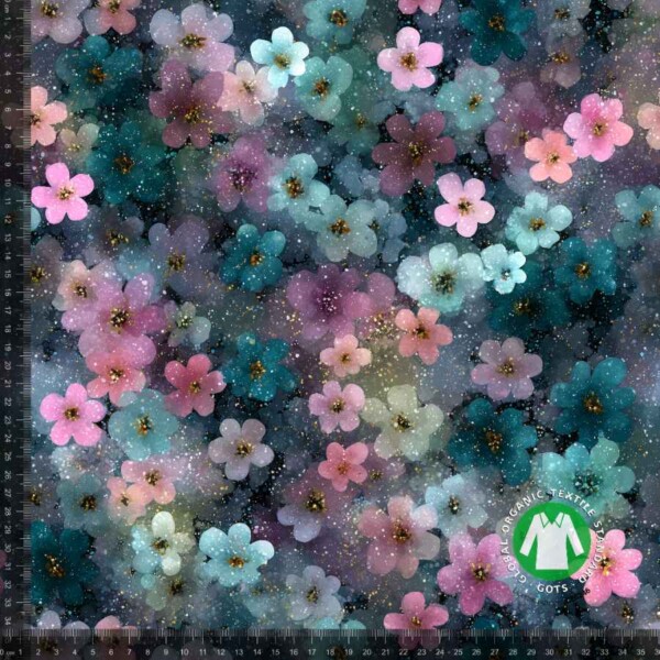 Jersey Print mørk pastel blomster med glitter digitalprint jersey