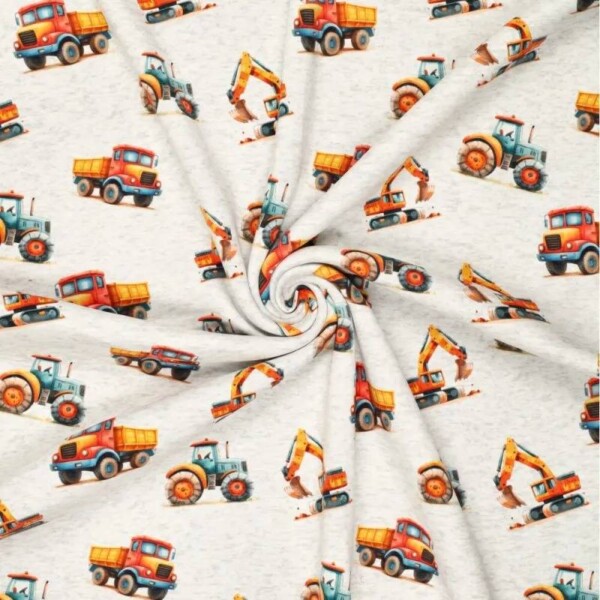 Heavy jogging fabric with cool vehicles in orange, 320 g/m²