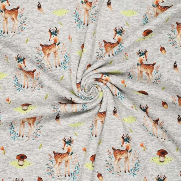 Heavyweight jogging fabric with cute deer in grey, 320 g/m² and 150 cm wide