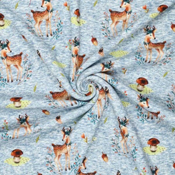 Heavyweight jogging fabric with cute deer in blue, 320 g/m² and 150 cm wide