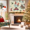 Close-up of gobelin tapestry fabric with snowy landscape, 50% cotton and 50% polyester
