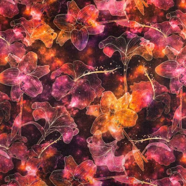 Jersey print med flotte blomster - fuchsia