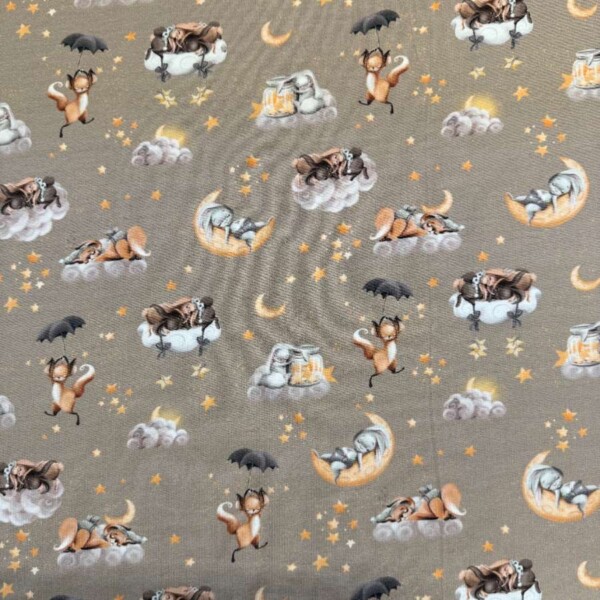 Jersey print med søde dyr taupe digitalprint jersey 200 g/m²