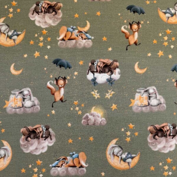 Jersey print med søde dyr i grøn variant - digitalprint jersey 200 g/m²