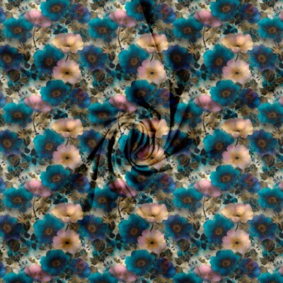 Detalje af digitalprint jersey med guld og blå blomster