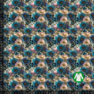 Jersey print med elegante guld og blå blomster på lys bund