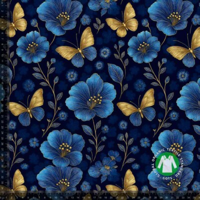 Jersey print med blå blomster og guld