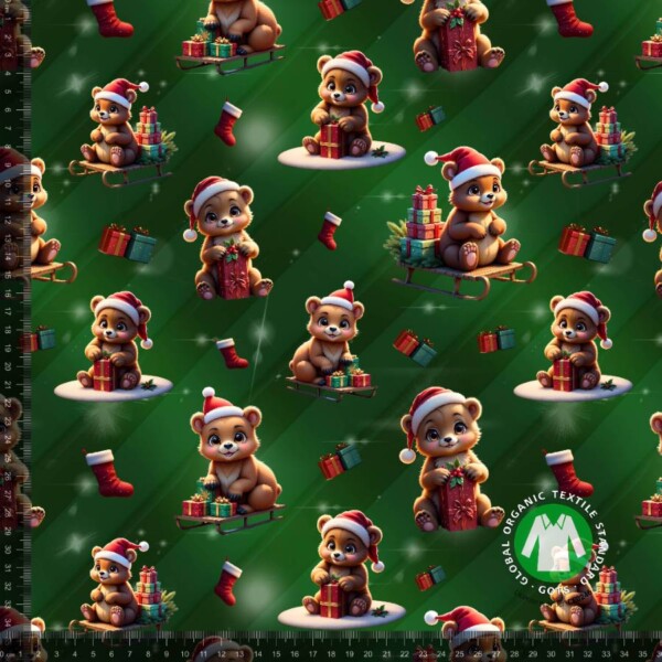 CUTE BEARS GREEN - measurement (1) Digitalprint jersey med søde julebjørne på grøn bund, 220 g/m²