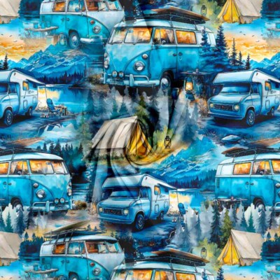 Detalje af digitalprint jersey med camping motiver