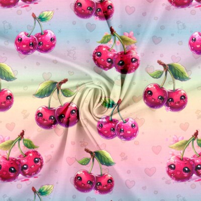 Jersey print med søde hjerter og kirsebær - pastel - Billede 3